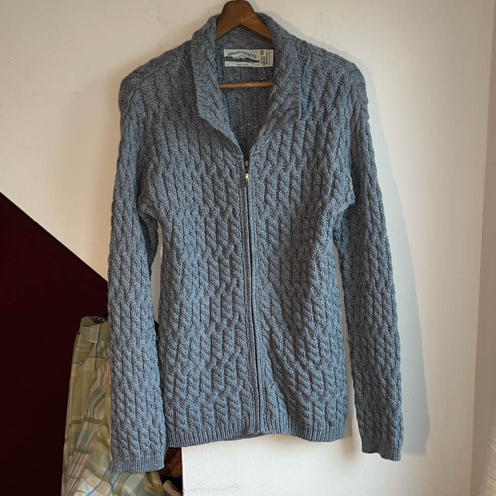 Aran Crafts Gray Wool Cable‎ Knit Cardigan M EUC